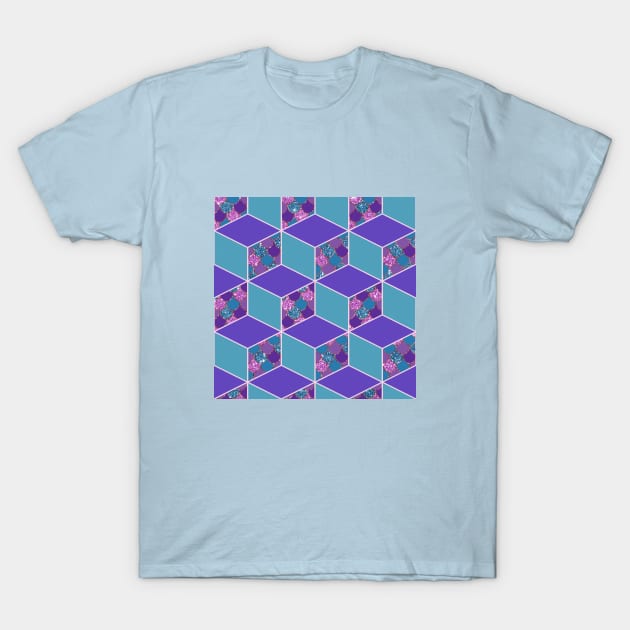 Mermaid Scale Purple and Teal Cubed Geometric Pattern T-Shirt by SeaChangeDesign